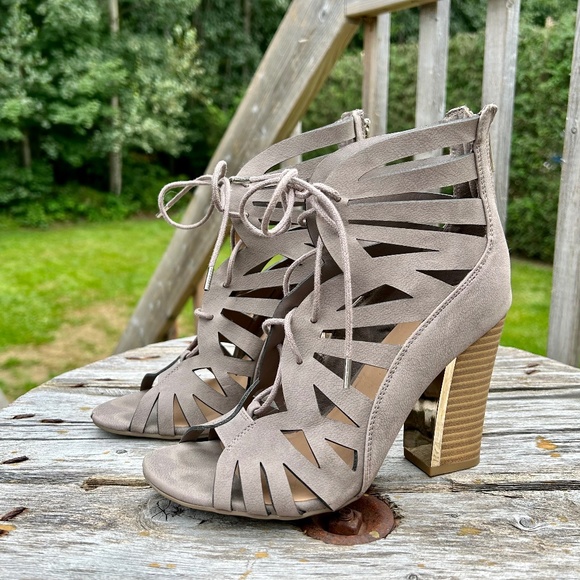 Call It Spring Taupe Cutout Heels - Picture 1 of 7